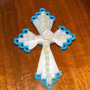 Handmade/Homemade Blue & White Ribbon Decorative Cross Brooch Pin with Pearls